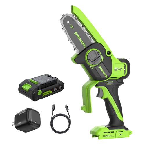 Image of Greenworks 24V 4 inch Brushless Mini Chainsaw (Auto Oiler, Tool-Free Tensioning, Ultra-Lightweight), 2.0Ah Battery and 30W Type-C Charger (3-FT Cord)