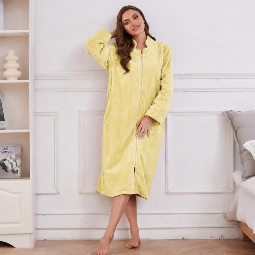 Image of LYCY Women Plush Zipper Robe Long Warm Fleece House Coat Nightgown | Comfy Solid Bathrobe with Pockets, Anti-Static Design Robes, Relaxed Fit for Every Body
