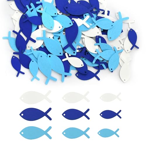 108 pièces Poisson Bois Décoration – Confettis de Table Bleu Blanc pour Baptême, Communion, Confirmation – Déco Religieuse DIY en 3 Tailles pour Fête...