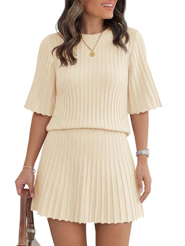 Saodimallsu Womens Sweater Sets 2 Piece Outfits Summer Half Sleeve Ribbed Knit Top and Pleated Skirt...