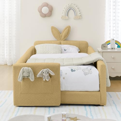 Image of KEIKI Twin Size Upholstered Platform Bed Frame with Guardrail, Slat, Yellow | Boucle Platform Bed with Cute Rabbit Ear Shaped Headboard, Pocket, for Boys and Girls, No Box Spring Required, Easy Assembly