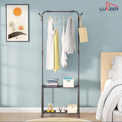 Image of Lukzer Metal Garment Stand /Cloth Stand with 2 Bottom Stylish Design Shelves Multipurpose Display Standing Rack Unit (Black /145 x 35 x 54 cm) CH-004