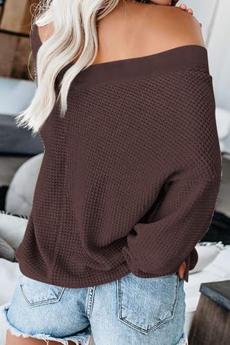 Image of ReachMe Womens Oversized Off The Shoulder Tops Long Sleeve Waffle Knit Shirt Drop Shoulder Sweater Top