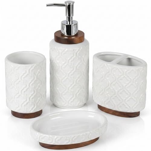 RQYIXI 4 Piece Bathroom Accessories Set White Ceramic Bath Accessory Set with Wood Accents Soap Dispenser Toothbrush Holder Tumbler and Soap Dish Elegant Bathroom Countertop Decor