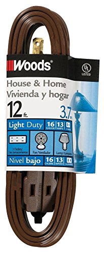 Woods Light Duty Extension Cord, 12Ft, 16 Gauge, SPT-2, 3 Outlet Cube Tap, Indoor Cord, Brown, 0602