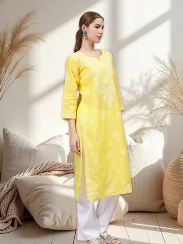 Image of Seva Chikan Hand Embroidered Lucknowi Chikankari Appricoat Peach Terivoil Cotton Kurta for Women SCL4603