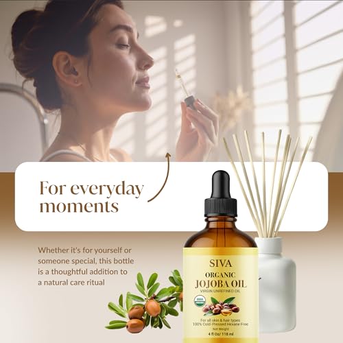 Image of SIVA ORGANICS Jojoba Carrier Oil with Dropper, 4 Fl Oz (118 ml) | Jojoba Oil for Skin Care, Facial Oil, Hair Care, Scalp Massage, Nail Care, Body Massage & DIY Beauty Blends, Glass Bottle
