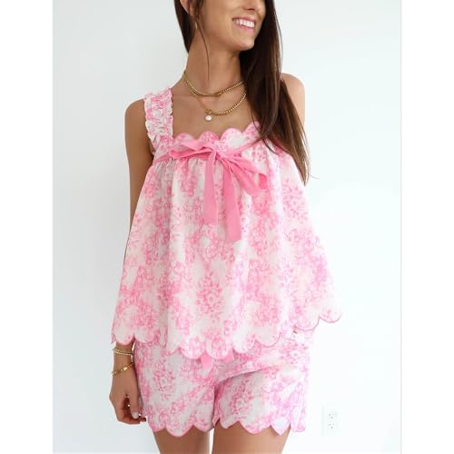 Image of ROAONOCOMO Women Summer Floral Pajama Set Ruffle Trim Cami Top Coquette Pj Set Gingham Babydoll 2 Piece Shorts Outfit