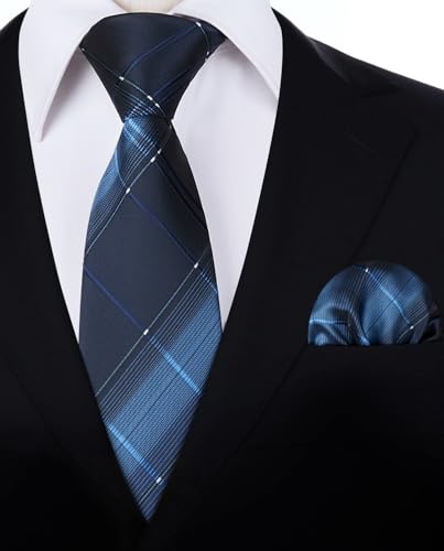 Image of HISDERN Ties for Men Stripe Plaid Tie Classic Necktie Pocket Square Cufflinks Set for Formal Wedding Business Party
