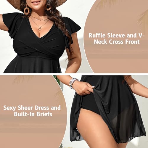 Century Star Swim Dress Plus Size Swimsuit for Women 2025 One Piece Tummy Control Bathing Suit Mesh Ruffle Modest Swimwear4