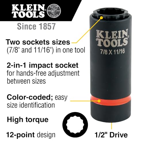 Image of Klein Tools 66014 2-in-1 Impact Socket with 12-Point Deep Sockets, Coaxial Spring Loaded in 7 /8- and 11 /16-Inch Sizes