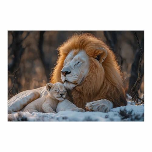 Lion scène enneigée TERUEA décoration murale classique vintage blanche toile 70x100cm