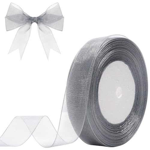 Hiswan Grey Sheer Organza Ribbon for Gift Wrapping 3/4 inch 50 Yards