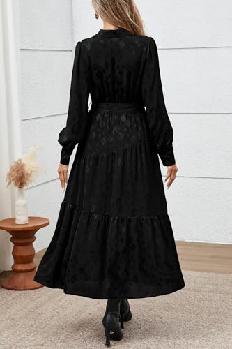 dowerme Women's Casual Dresses 2025 Fall Fashion Long Sleeve Button Up Floral Print Belted Tiered Boho Maxi Party Dress4