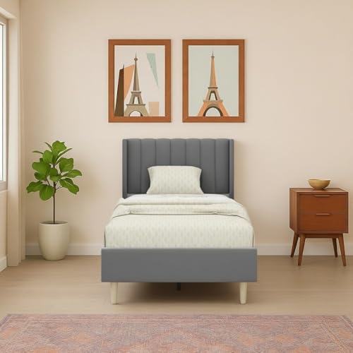 Image of Modern Upholstered Single Size Bed Without Storage | Single Size Bed for Bedroom with Headboard | Palang Furniture for Guest Room, Hotels and Home | Grey, (Grey)