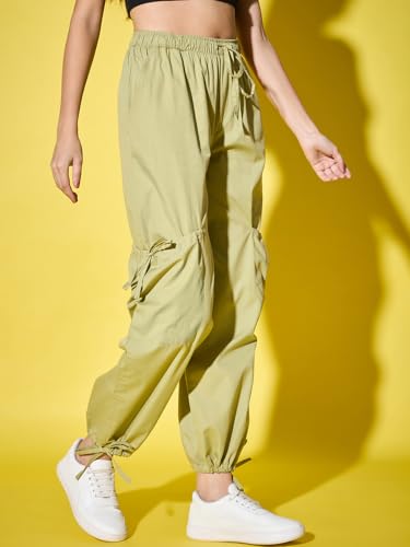 Image of DIMPY GARMENTS Solid Cotton Blend Women's Cargo Pants | Adjustable Tie-Side Cargo Pockets