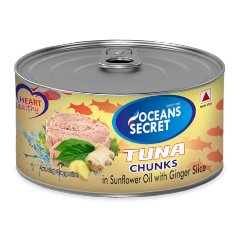 Image of Oceans Secret Tuna Chunks in SunflowerOil with GingerSlice 180gm Pack of 24 Canned Tuna Fish | Balanced Nutrition, Zesty Ginger Flavor, in Sunflower Oil with Ginger Slice, Ready to Eat