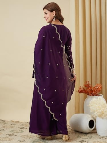 Image of MOKOSH Women's Silk Embroidery Kurta Sharara with Dupatta | Kurta Set | V Neck Full Sleeve Ethnic Suit | Indian Kurta Outfit with Sharara |3 Piece Outfit