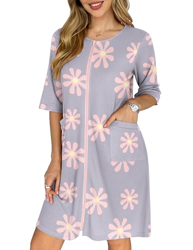 Image of Ekouaer Zip Up Robes for Women Short Waffle Bathrobe Lightweight house coat 3 /4 Sleeve Soft Nightgown with Pockets S-3XL