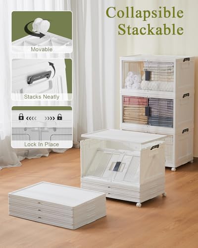 OlarHike 76QT Lockable Storage Bins with Lids - Folding Storage box with Doors and Wheels, Collapsible Plastic Storage Bins for Closets, Stackable Storage Organizer, Storage Containers, 3 Pack Cubes
