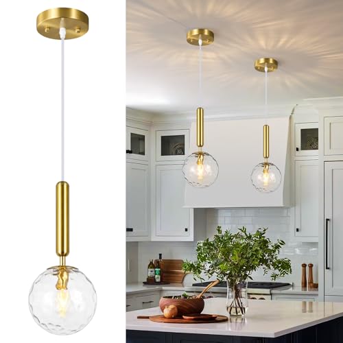 Image of Modern Gold Pendant Light Hanging Fixture Light for Kitchen Island Mid Century with Globe Pendant Light Clear Glass Pendant Lighting for Living Room Bedroom Entryway (2 Pack)