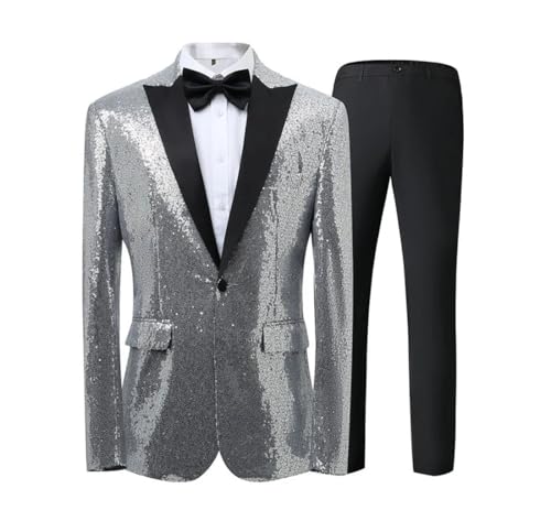 Men Sequin Tuxedo Suit with Black Lapel and Pants for Party Prom Silver M