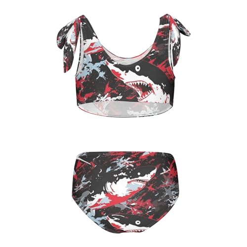 Girls Swimsuits Set 2pcs Sharks Blood Bathing Bikini Suits Tie Tankini2