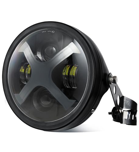 HENGTUAOTO 7inch LED X-Style White/Red DRL Motorcycle Headlight with Headlight Housing Bucket Mount Brackets Compatible with CB400 CB1300 Vulcan custom XS650 Chopper Cafe Racer Bobbe