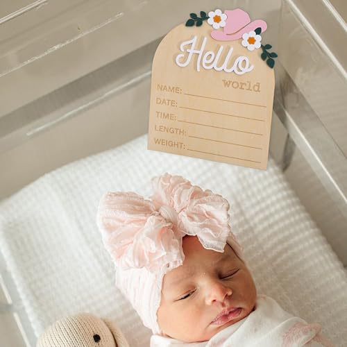 Image of Wooden inchHello World inch Baby Announcement Board - Newborn Birth Sign, Baby Shower Decor, Hospital Nursery Information Board, Baby Milestone Photo Prop, Gender Neutral Keepsake (Cowgirl Boot&Bow Western Cowbaby)