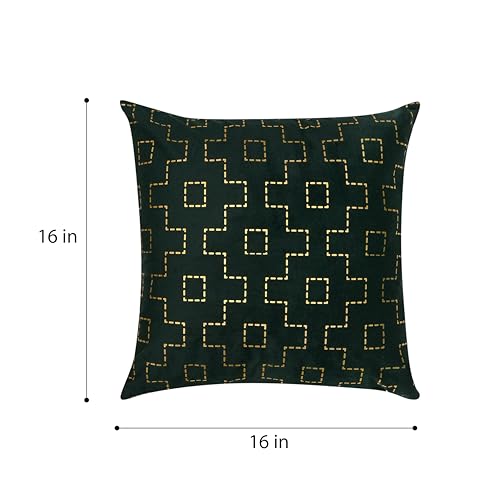 Image of Wakefit Designer Cushion Cover | 16x16 inch | Velvet Foil Print Fabric | Machine Washable | Pack of 1 | Golden Maze | Green Fabric & Golden Print
