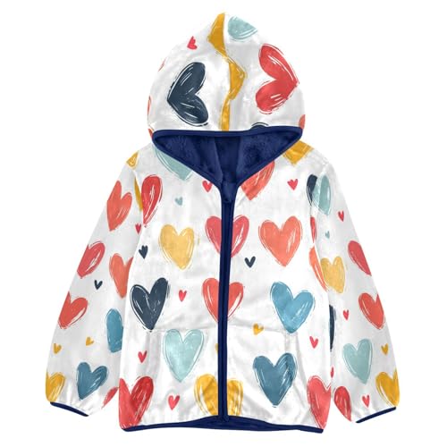 Colorful Hearts on White Toddler Fleece Jacket Girl Boys Hooded Fleece Jacket Coat Warm Outwear Zip-up 3-10T