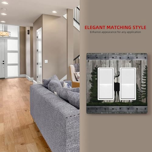Decorative Outlet Covers Rustic Deer Elk Forest Grey Wood Board 2 Gang Wall Plate Double Rocker Two Switch Wall Cover Plate Jumbo Dual Gfci Faceplate for Farmhouse Decor