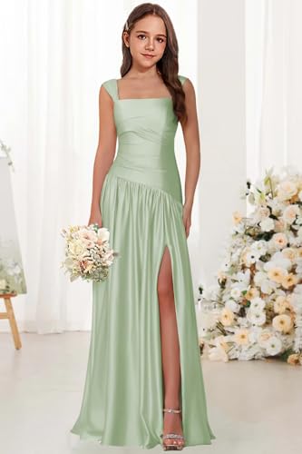 Square Neck Junior Bridesmaid Dress Asymmetrical Drop Waist Flower Girl Dresses with Pleated A Line Formal Gown3