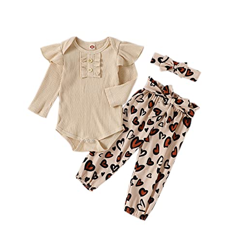 Image of Kislio Newborn Baby Girls Clothes Ribbed Ruffled Romper+Floral Pants+Headband Infant Outfit Set