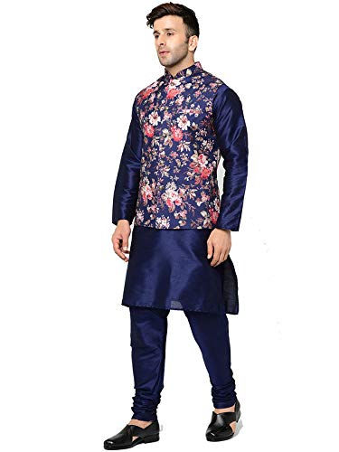 Image of SAIFOO Men's Silk Navy Blue Kurta Pyjama & Printed Nehru Jacket