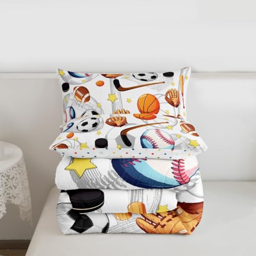 Image of Feelyou Soccer Basketball Comforter Set King Size Football Baseball Hockey Bedding Set for Kids Boys Girls Gaming Sports Duvet Quilt Bedroom Decor Microfiber 3 Pcs with 2 Pillow Cases