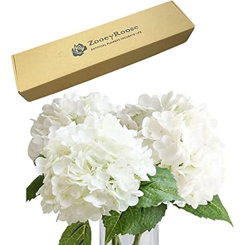 ZooeyRoose 3 pcs Large Big White Hydrangea Artificial Flowers 21 inches Long Stem for Tall Vase for Fall Home Kitchen Flower Decor Spring White Flower Arrangement Table Centerpiece Cover