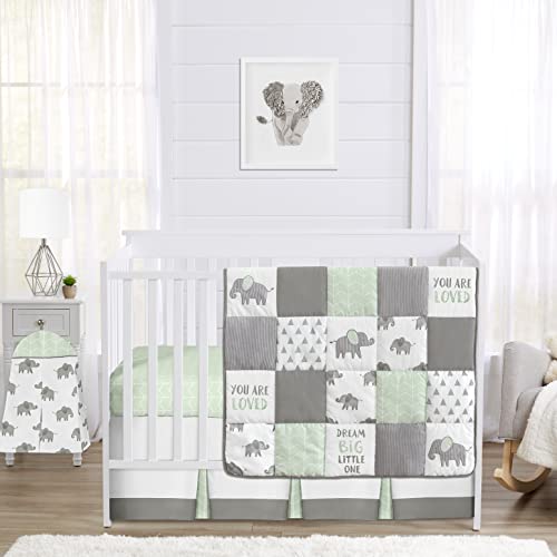 Image of Sweet Jojo Designs 4-Piece Baby Crib Bedding Set (Safari Elephants) for Boys or Girls, Infants/Nursery incl. Blanket, Fitted Sheet, Skirt, Diaper Stacker (Jungle, Elephant, Geometric, Green, Grey)