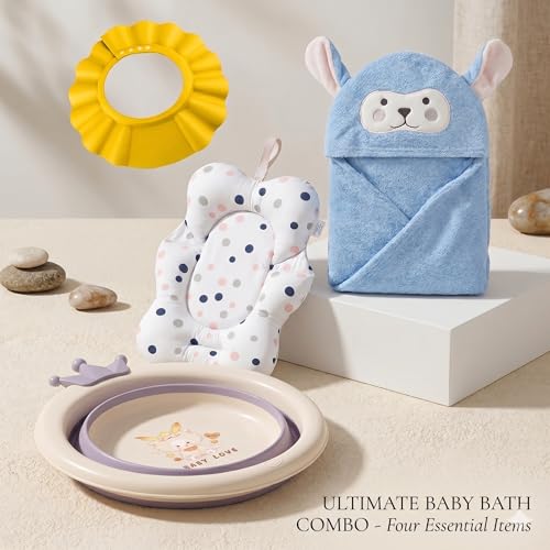 Image of Safe-O-Kid Baby Bath Essentials Kit | 1 Baby Bath Cushion, 1 Hooded Bath Towel, 1 Adjustable Shampoo Shower Cap & Foldable Baby Wash Basin | Newborn & Infant Bath Care Combo - Assorted