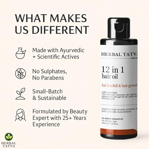 Image of Herbal Tatva 12-in-1 Hair Oil | For Hair Growth, Hair Fall Control & Healthy Scalp | Redensyl, Rosemary, Castor, Amla, Coconut, Almond, Bhringraj | 100% Pure, Natural & Organic | For Men & Women | 100ml