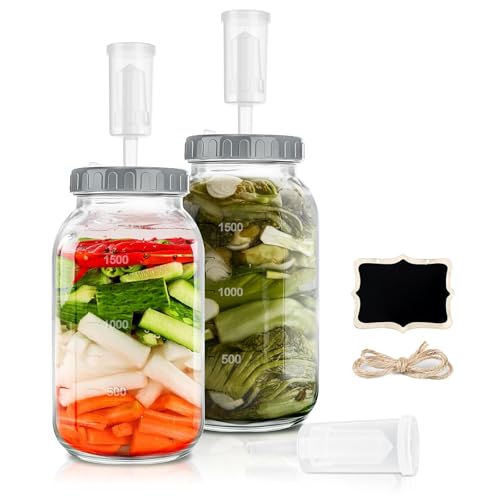 Fermentation Jars 2 Pack 2L Kimchi Container Fermenting Jar with Airlock Perfect for Fermentation Kimchi Sauerkraut Sourdough Starter Kefir Glass Jars with Lids