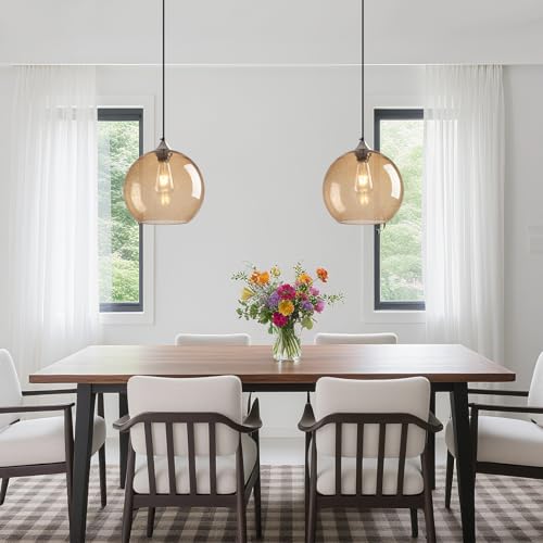 Image of Light Brown Glass Pendant Lights Kitchen Island Globe Pendant Light Fixtures Modern Pendant Lighting for Bedroom Living Dining Room Light Fixture (9.84 in, 2 Pack)