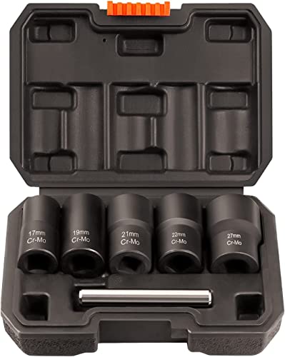 THINKWORK 6Pcs Locking Wheel Nut Removal Tool, 1/2” Drive Twist Socket Set Lug Nut Remover Extractor Tool for Removing Damaged, Rusted, Rounded-Off Bolts, Nuts 17mm 19mm 21mm 22mm 27mm with Steel Bar