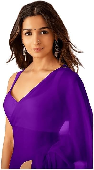 ETHNICMODE sari indio mujer Plain Georgette Party Purple Saris With Unstitched Purple Blouse Piece 1229