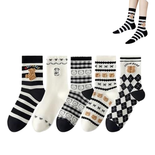 5 Pairs Cute Socks for Women-Cotton Mid Calf Socks - Floral & Cartoon Design with Ruffle Trim
