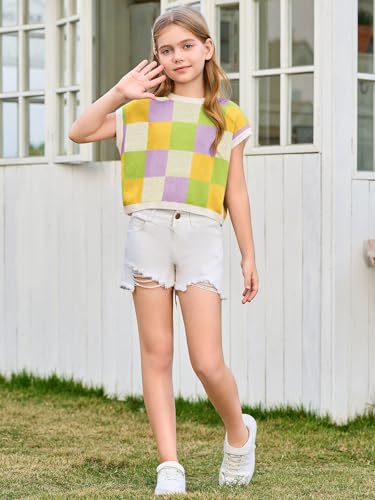 Image of Haloumoning Girls Summer Crop Tops Color Block Vest Cute Tanks Cap Sleeve Tee Loose Kids Knit Top 5-14 Years