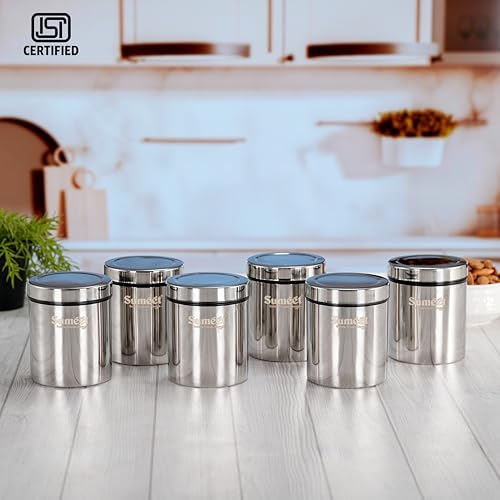 Image of Sumeet ISI Certified Stainless Steel Air Tight Storage Container /Jar /Canister /Dabba with Threading Screw Cap for Kitchen - Pack of 6Pc, 8.3cm, 450ml, Silver