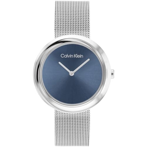 Calvin Klein Orologio Analogico al Quarzo da donna con cinturino in maglia metallica in acciaio inossidabile argentato - 25200014, Silver and Dark Blue