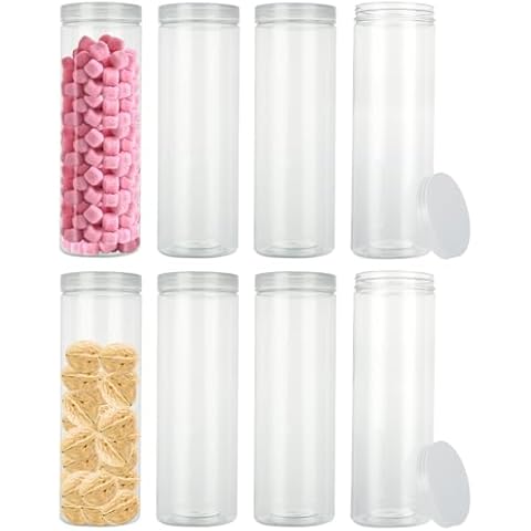 ABuff 8 Pack Clear Plastic Jars with Lids 46OZ/1360ml Empty Round Wide Opening Candy Storage Jars with Screw on Lids for Household, Kitchen, Nuts, Noodles, Spices Cover