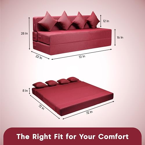 Image of Amazon Brand - Solimo 4 Seater 6 * 6 Jute Fabric Washable Cover Sofa Cum Bed with 4 Cushions 4 Seater Double Foam Fold Out Sofa Cum Bed (Finish Color - Maroon Delivery Condition - Pre-Assembled)